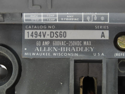Allen Bradley 1494V-DS60 Fused Disconnect Switch 60A 600V Complete w/ Fuse Block