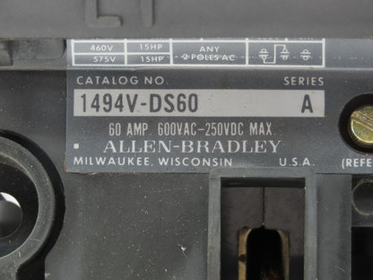 Allen Bradley 1494V-DS60 Fused Disconnect Switch 60A 600V Complete w/ Fuse Block