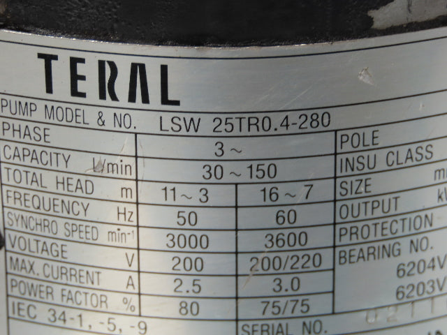 Teral LSW 25TR0.4-280 Immersion Coolant Pump .4kW 220V 3PH 30-150 L/min