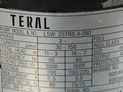 Teral LSW 25TR0.4-280 Immersion Coolant Pump .4kW 220V 3PH 30-150 L/min