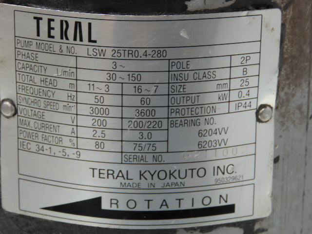 Teral LSW 25TR0.4-280 Immersion Coolant Pump .4kW 220V 3PH 30-150 L/min