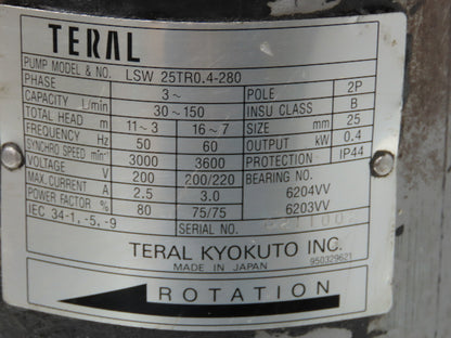 Teral LSW 25TR0.4-280 Immersion Coolant Pump .4kW 220V 3PH 30-150 L/min