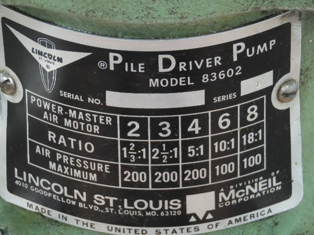 Lincoln Power Master 6 Pile Driver Pump 10:1 Air Motor Drum Unloader