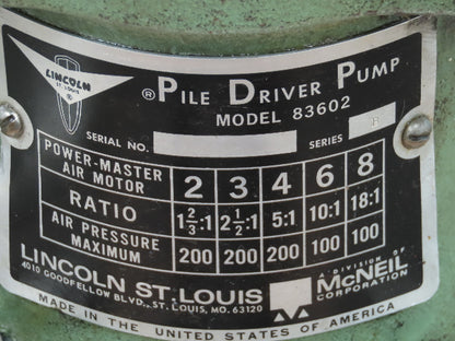 Lincoln Power Master 6 Pile Driver Pump 10:1 Air Motor Drum Unloader