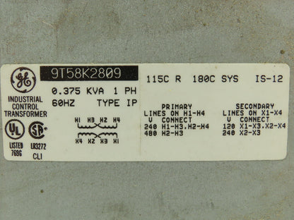 General Electric 9T58K2809 GE Control Transformer Pri 480 Sec 120V 0.375KVA