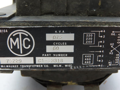 Milwaukee C1-13318 Control Transformer 0.075kva 240/480V Pri 120V Sec Lot of 2