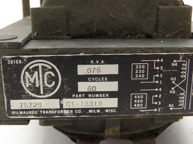 Milwaukee C1-13318 Control Transformer 0.075kva 240/480V Pri 120V Sec Lot of 2
