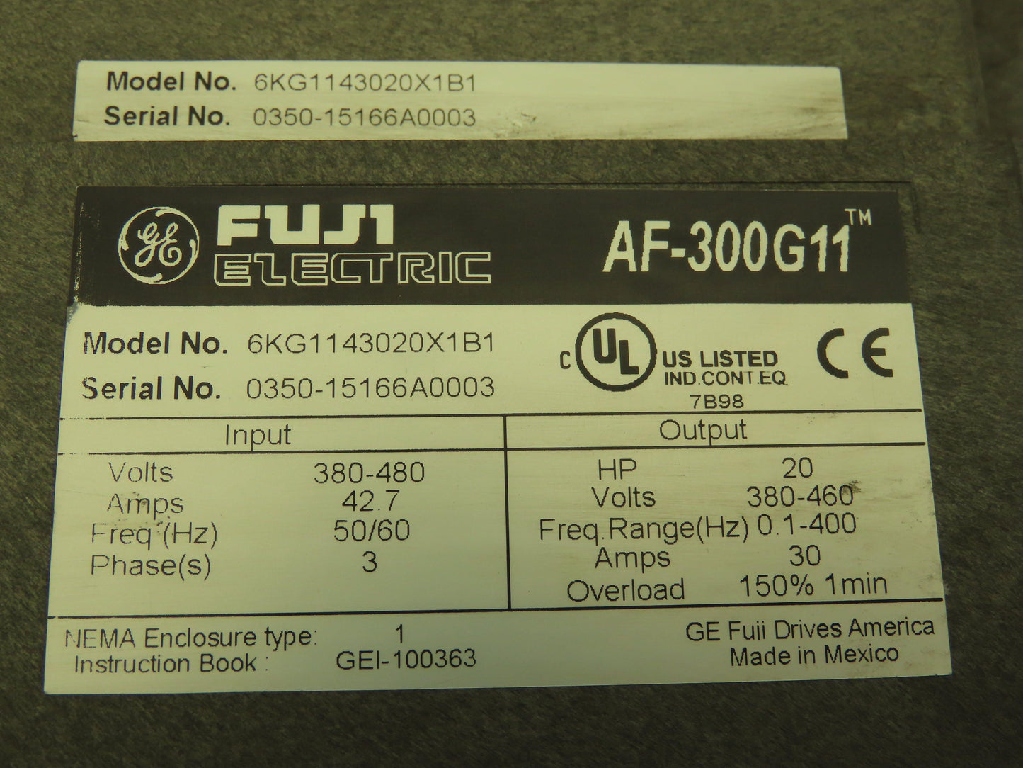 Fuji Electric 6KG1143020X1B1 AF-300 G11 VFD Variable Speed Drive 20HP 3Ph 480V