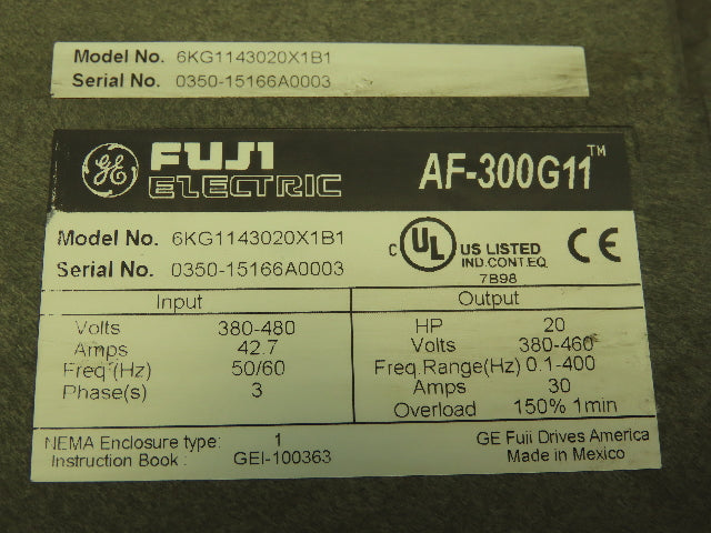 Fuji Electric 6KG1143020X1B1 AF-300 G11 VFD Variable Speed Drive 20HP 3Ph 480V