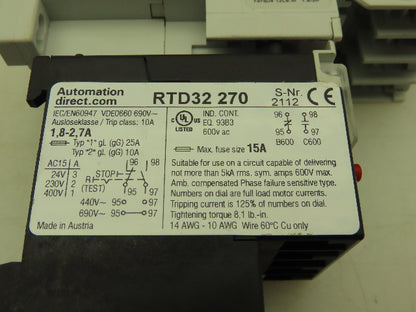 Automation Direct GH15BN Motor Starter Contactor 30A 690V 3Ph 1.8-2.7A Overload