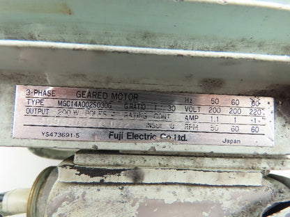 Fuji Electric MGC14A002S030G Parallel Shaft Gearmotor 30:1 200W 220V Brake Motor