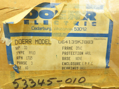 Doerr LR-19363 Type PFU3 Electric Motor 1/3Hp 1725 RPM 230/460V 3PH D56C Haz Loc