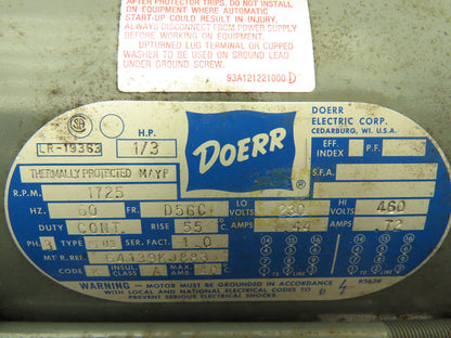 Doerr LR-19363 Type PFU3 Electric Motor 1/3Hp 1725 RPM 230/460V 3PH D56C Haz Loc