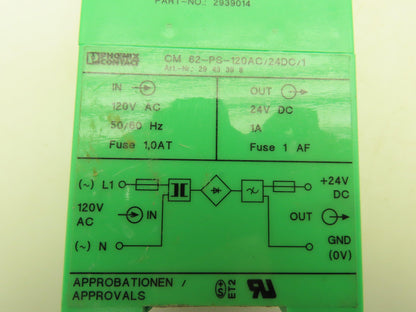 Phoenix Contact CM 62-PS-120AC/24DC/1 Power Supply 120VAC In - 24VDC Out