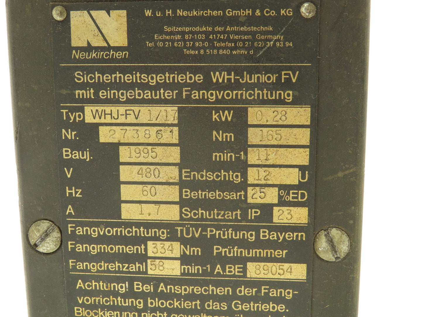 Neukirchen WHJ-FV Sicherheitsgetriebe Motor Gearbox 480V 1.7A 165Nm Limit Switch