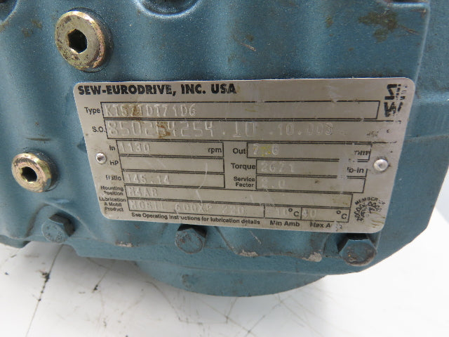 Sew Eurodrive KT57TDT71D6 Helical Gearmotor .33Hp 1100 RPM 460V 3PH 145:1 Ratio