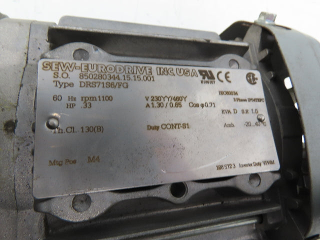 Sew Eurodrive KT57TDT71D6 Helical Gearmotor .33Hp 1100 RPM 460V 3PH 145:1 Ratio