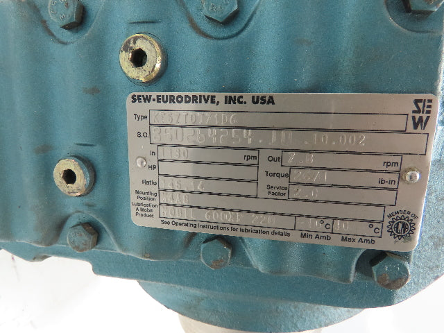 SEW Eurodrive KT57TDT71D6 Helical Gearmotor .33Hp 1130 RPM 460V 3PH 145:1 Ratio
