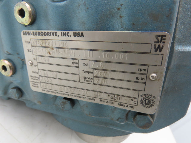 SEW Eurodrive KT57TDT71D6 Helical Gearmotor .33Hp 1130 RPM 460V 3PH 145:1 Ratio