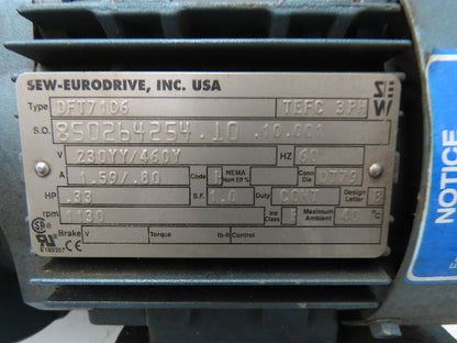 SEW Eurodrive KT57TDT71D6 Helical Gearmotor .33Hp 1130 RPM 460V 3PH 145:1 Ratio