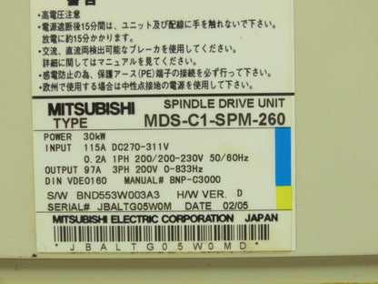 Mitsubishi MDS-C1-SPM-260 Spindle Drive Unit 97A 3Ph 200V CNC Drive 30Kw