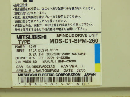 Mitsubishi MDS-C1-SPM-260 Spindle Drive Unit 97A 3Ph 200V CNC Drive 30Kw