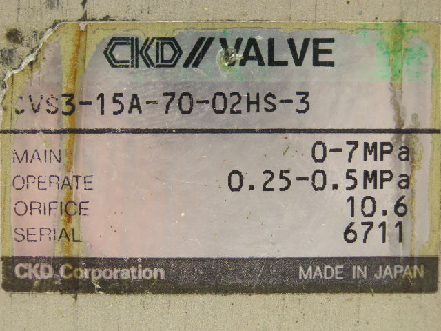 CKD CVS3-15A-70-02HS-3 High Pressure Air Operated 3-Way Valve