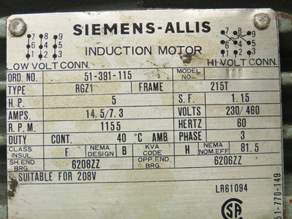 Siemens Allis 108 5hp Motor 1155rpm 215T Frame 230/460v 3ph