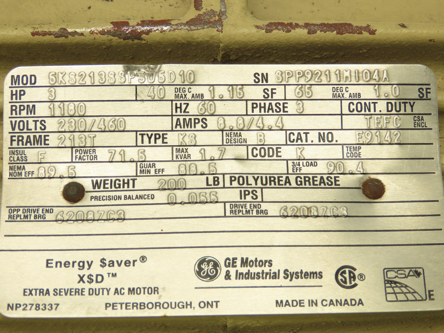 General Electric 5KS213SSP305D10 3hp Motor 1180rpm 213T Frame 230/460v 3ph