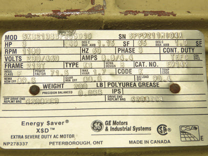 General Electric 5KS213SSP305D10 3hp Motor 1180rpm 213T Frame 230/460v 3ph