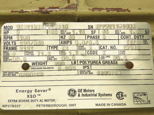 General Electric 5KS213SSP305D10 3hp Motor 1180rpm 213T Frame 230/460v 3ph