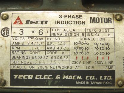 Teco 3hp Induction Motor 1170rpm 213T Frame 208-230/460v 3ph