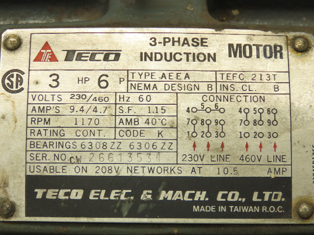 Teco 3hp Induction Motor 1170rpm 213T Frame 208-230/460v 3ph