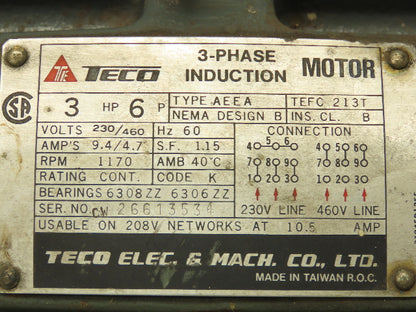 Teco 3hp Induction Motor 1170rpm 213T Frame 208-230/460v 3ph