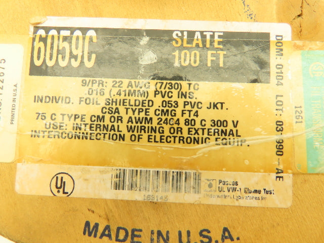 Alpha 6059C SL001 Multi Conductor Shielded Cable 9/Pair 22 AWG Wire 84' FT