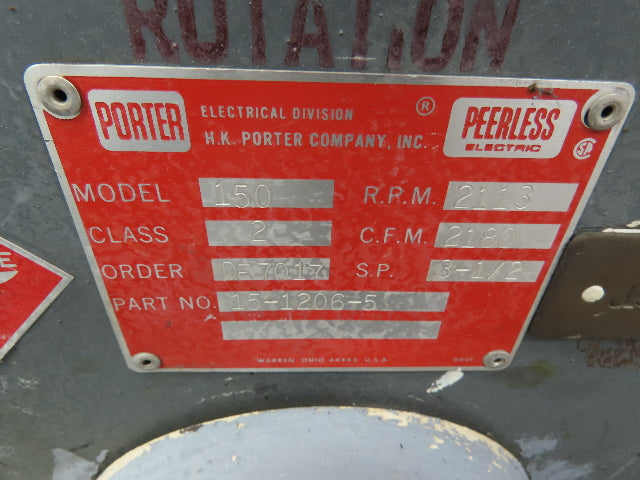 H.K. Porter 15-1206-5 Exhaust Fan Blower 2hp 3PH 2180 CFM SP 3-1/2 Mod 150