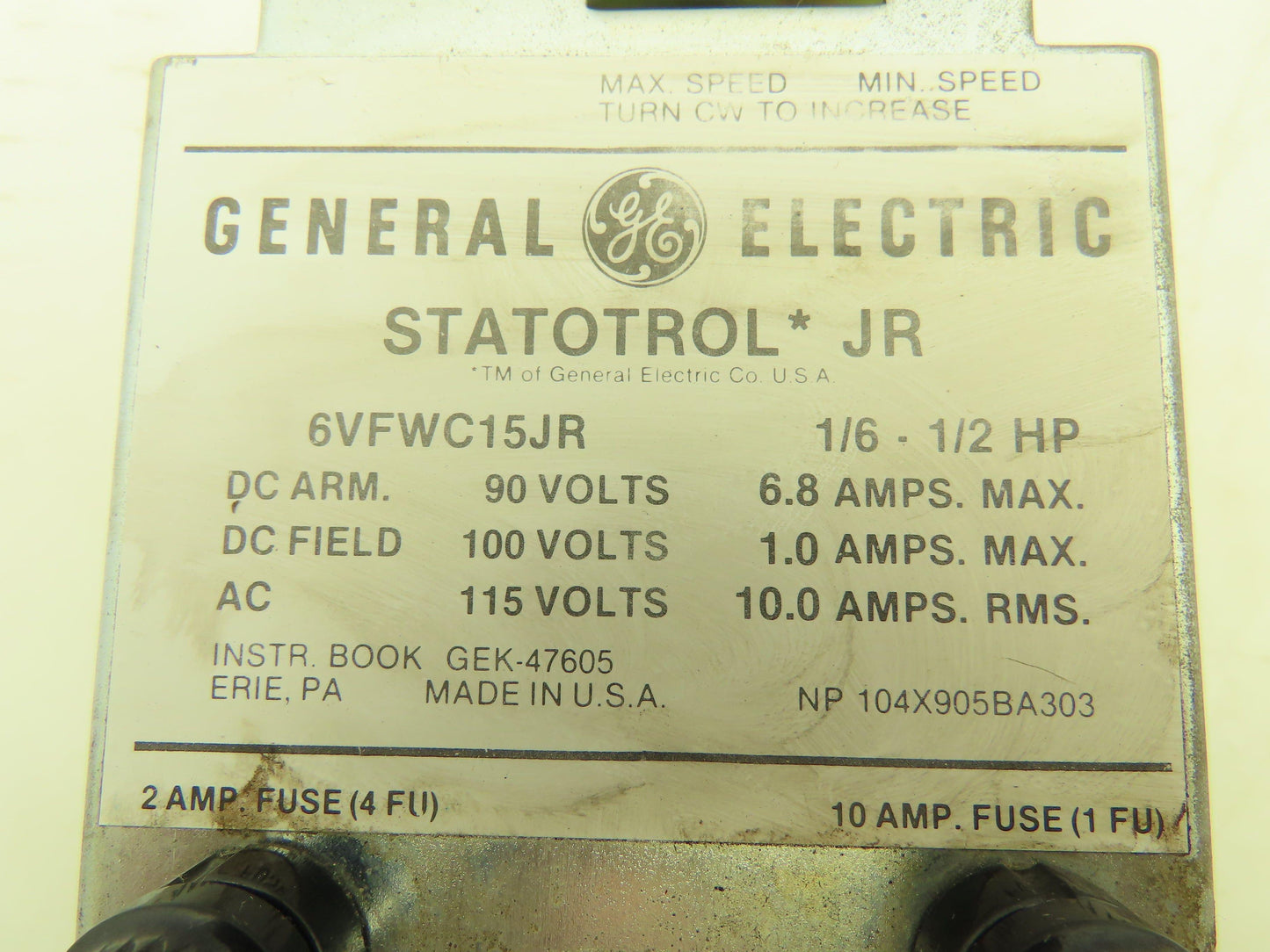 General Electric 6VFWC15JR Statotrol JR Controller 1/6-1/2Hp 90VDC Speed Control