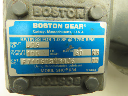 Boston Gear F710-60SV-B4-J6 Reducer Gearbox 60:1 Ratio .33Hp 460V Gearmotor 42CZ