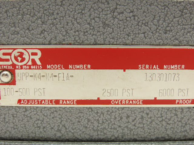 SOR Static O Ring 9PP-K4-N4-F1A Pressure Switch 100-500 PSI Adj Range