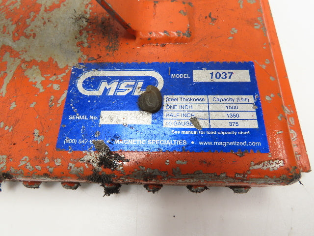 MSL Model 1037 Permanent Lifting Magnet 1500 Lb Capacity  1" Steel 10x6" Surface