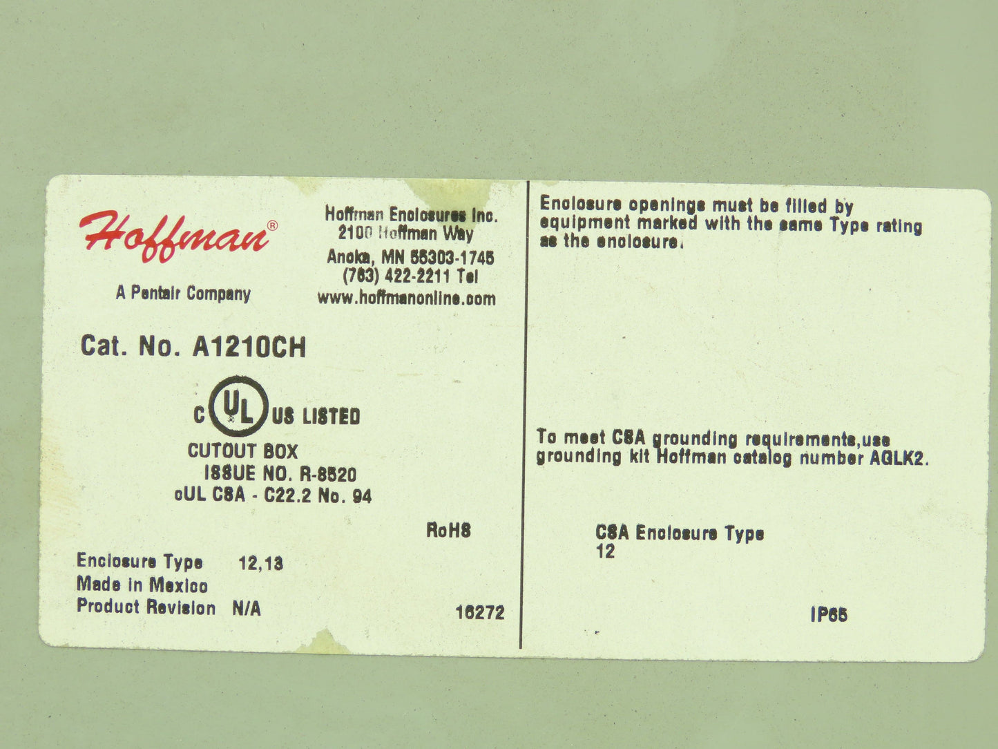 Hoffman A1210CH Industrial Enclosure 12x10x5" JIC Terminal Block Nema 12