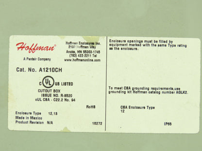 Hoffman A1210CH Industrial Enclosure 12x10x5" JIC Terminal Block Nema 12