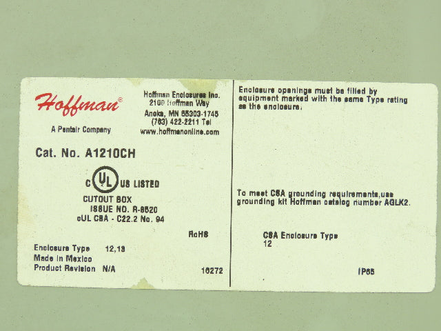Hoffman A1210CH Industrial Enclosure 12x10x5" JIC Terminal Block Nema 12