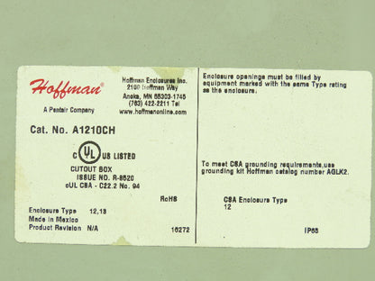Hoffman A1210CH Industrial Enclosure 12x10x5" JIC Terminal Block Nema 12