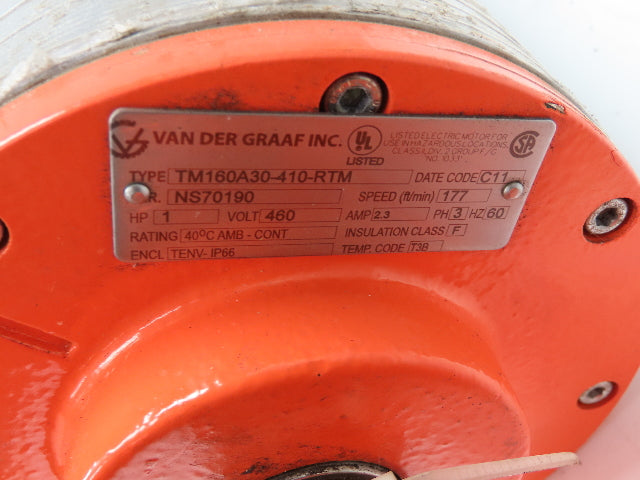 Van Der Graaf TM160A30-410-RTM Drum Roller Motor 1HP 480V 177FT/Min 24" Brake