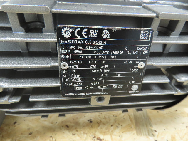 Nord  SK9032.1AZMHD-100LA/4 Gearmotor 24:1 Reducer 72 RPM 5Hp 460V Brake Motor