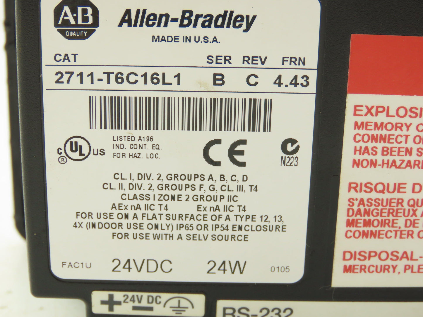 Allen Bradley 2711-T6C16L1 PanelView 600 Color Touch Series B Rev C Frn 4.43