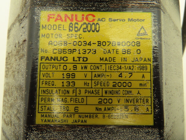 Fanuc A06B-0034-B078  AC Servo Motor 0.9kW 199V 3PH B6/2000 RPM