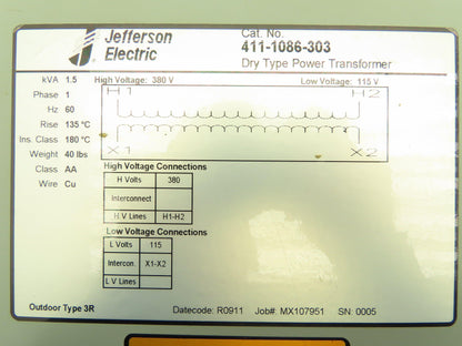 Jefferson Electric 411-1086 Control Transformer 1.5KVA 380V Input 115V Output