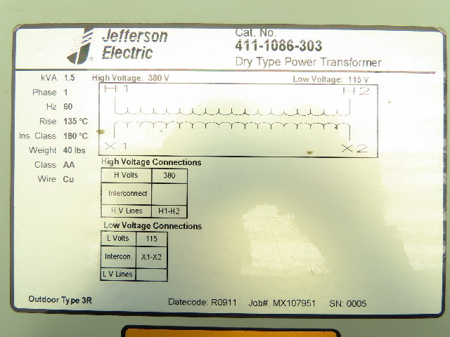 Jefferson Electric 411-1086 Control Transformer 1.5KVA 380V Input 115V Output